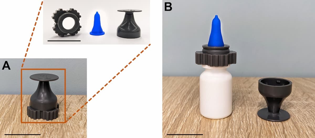 The Nanodropper® Adaptor. (A) An assembled Nanodropper® Adaptor. Inset depicts the three components of the adaptor: the base, medical-grade silicone tip, and pop-off cap (from left to right). (B) A Nanodropper® Adaptor installed on an original equipment manufacturer bottle. The cap can be placed in an inverted position during use to minimize the risk of introducing contaminants when reattached to the base, during storage. The Nanodropper® Adaptor is a sterile medical device intended for single-bottle use. The black scale bar is equivalent to one inch. (Image Courtesy Ophthalmology)