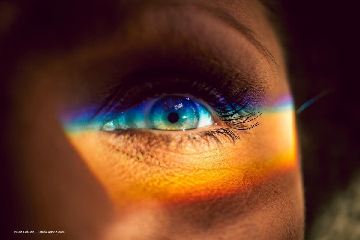 a womans eye with a rainbow of light shining on it. (Image Credit: AdobeStock/Jon Schulte)
