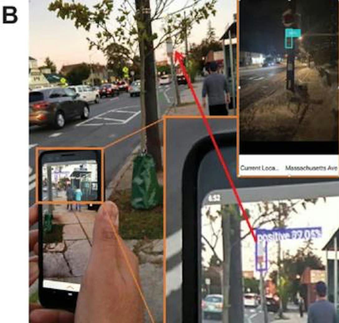 Operation of the All_Aboard app in the general vicinity of a bus stop. The lower inset shows the app detecting the bus stop sign (the bounding box is drawn around the detected sign in the camera view displayed on the smartphone screen). The percentage value around the bounding box indicates the confidence of detection. The upper inset shows a successful detection at night in low light conditions. (Image credit: TVST/Mass Eye and Ear)