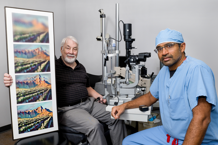 Raj Maturi, MD, with a patient. Images illustrate vision improvement with treatment for diabetic retinopathy. (Image courtesy of Raj Maturi, MD)