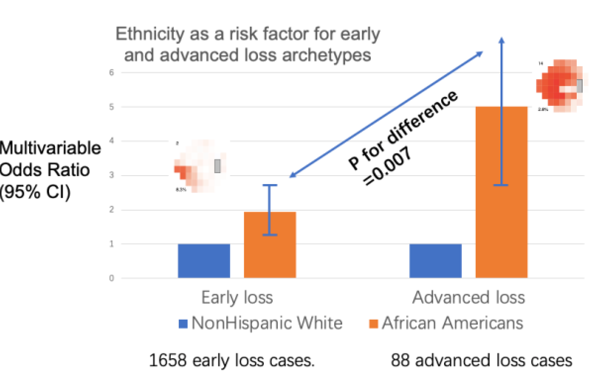 The figure shows that Blacks had a 2-fold increased risk for early loss archetypes compared to non-Hispanic Whites. Blacks had a 5-fold increased risk of advanced loss archetypes. The difference in increased risk for Blacks between the advanced loss archetypes versus the early loss archetypes was also statistically significant. The insets show examples of an early loss archetype on the left and an advanced loss archetype on the right.



