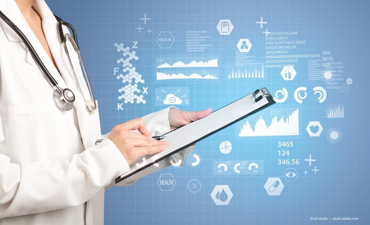 a doctor with graphics of data floating all around them. (Image Credit: AdobeStock/ra2 studio)