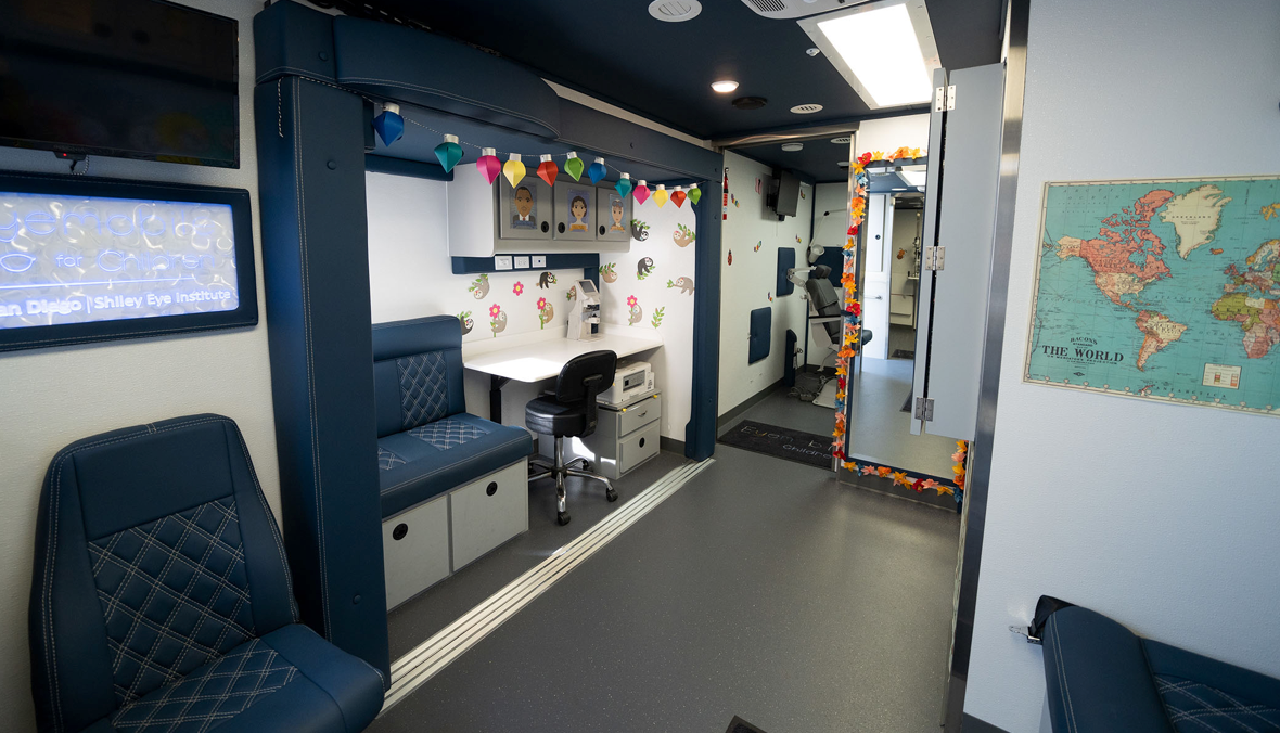 The EyeMobile has a waiting area for children and families. It even has a television for the children to watch while they wait for their exam. (Image courtesy of UC San Diego)