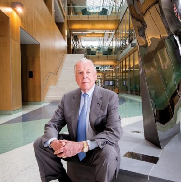 T. Boone Pickens in the atrium of the Robert H. and Clarice Smith Building, Wilmer Eye Institute. Pickens contributed funds to the building's construction in 2009. (Image courtesy of Wilmer Eye Institute, Johns Hopkins Medicine)