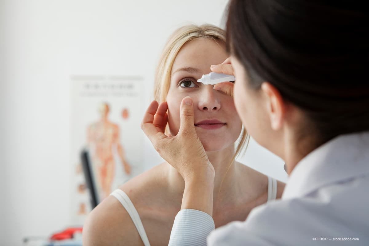a doctor administering eye drops to a patient in the office. (Image Credit: AdobeStock/RFBSIP)