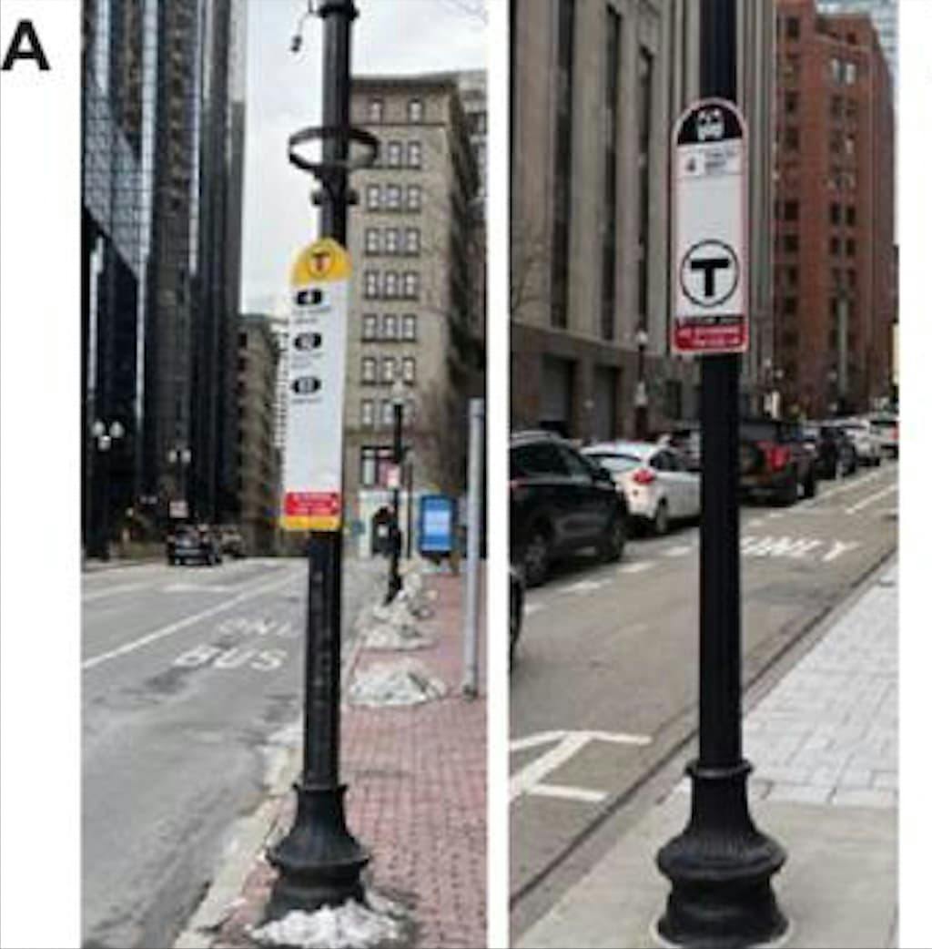 (A) Typical MBTA bus stop signs among the selected trial locations in downtown Boston. Very few bus stops in the area covered by the transit agency are sheltered, and the distinctive sign is often the only visual identification of the bus stop.