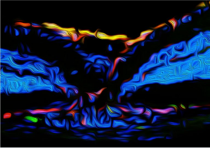 Artistic rendering of choroidal neovascularization: new, damaging blood vessels (highlighted in red) growing from beneath and into the retina of a mouse. This blood vessel growth is typical of patients with wet age-related macular degeneration. Blue highlights the nuclei of cells. Green and yellow highlight expression of ANGPTL4. (Image courtesy of Alexander Sodhi McDonogh School)