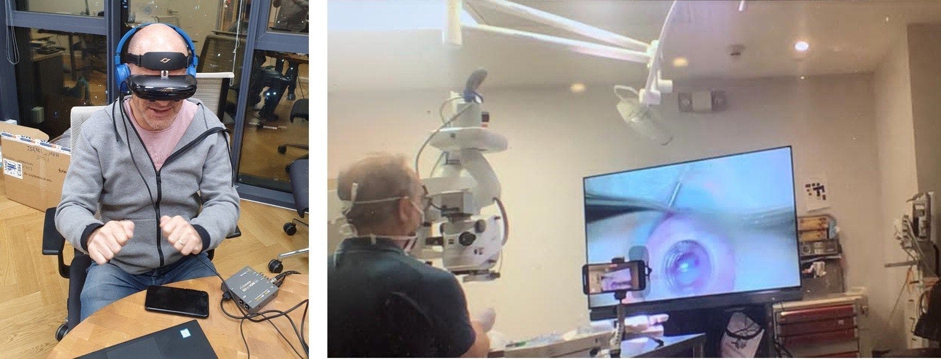 At left, Gilad Litvin, MD, performs the training from Israel, using RSVP. At right, David Rootman, MD, performs the surgery from Canada, using the same technology. (Images courtesy of CorNeat Vision)