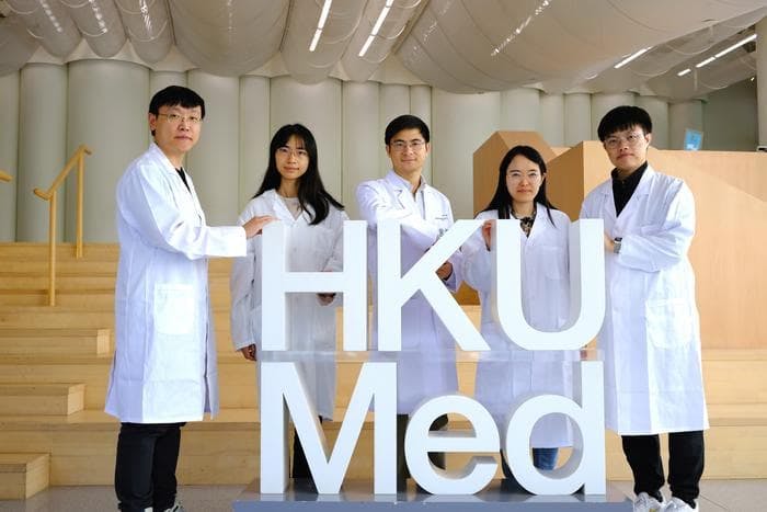 A research team from HKUMed developed a photoactivatable prodrug nanomedicine for age-related macular degeneration (AMD) therapy. The research team members include: (from left) Dr Li Jia, Xu Shuting, Dr Wang Weiping, and Dr Fan Ni, and Long Kaiqi. (Image courtesy of The University of Hong Kong)