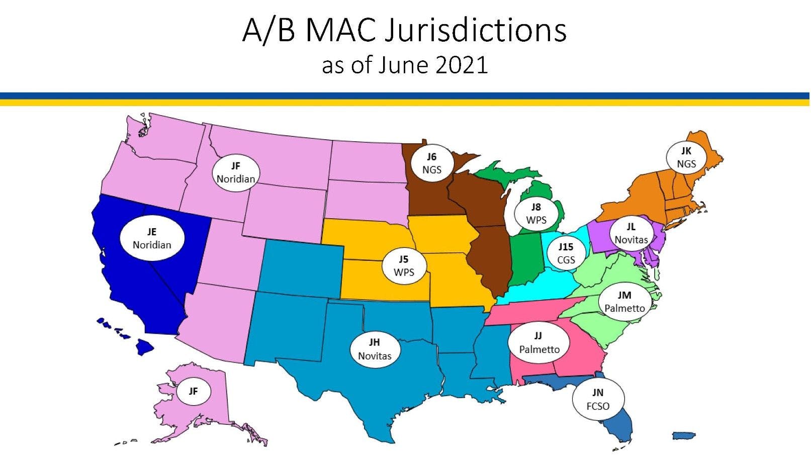 Seven MACs process Medicare claims across the country. This article is primarily about NGS, which covers the J6 and JL regions, shown on the map in brown and orange. (Chart courtesy of Cynthia Matossian, MD, FACS, ABES)