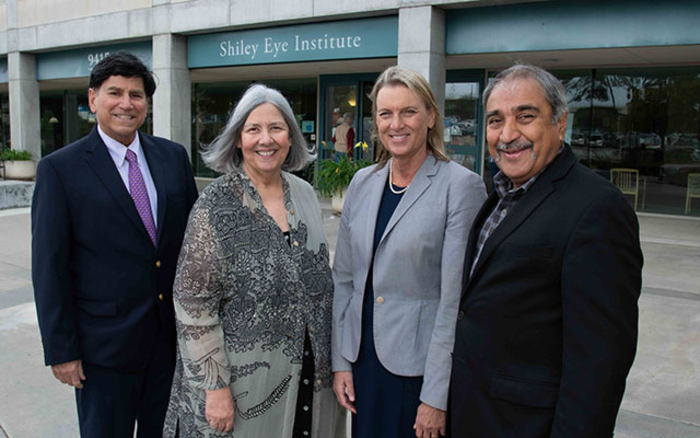 Director Robert Weinreb, Darlene Shiley, UC San Diego Health CEO Patty Maysent and UC San Diego Chancellor Pradeep Khosla in front of the Shiley Eye Institute. (Image courtesy of Bob Ross, UC San Diego Health Sciences)