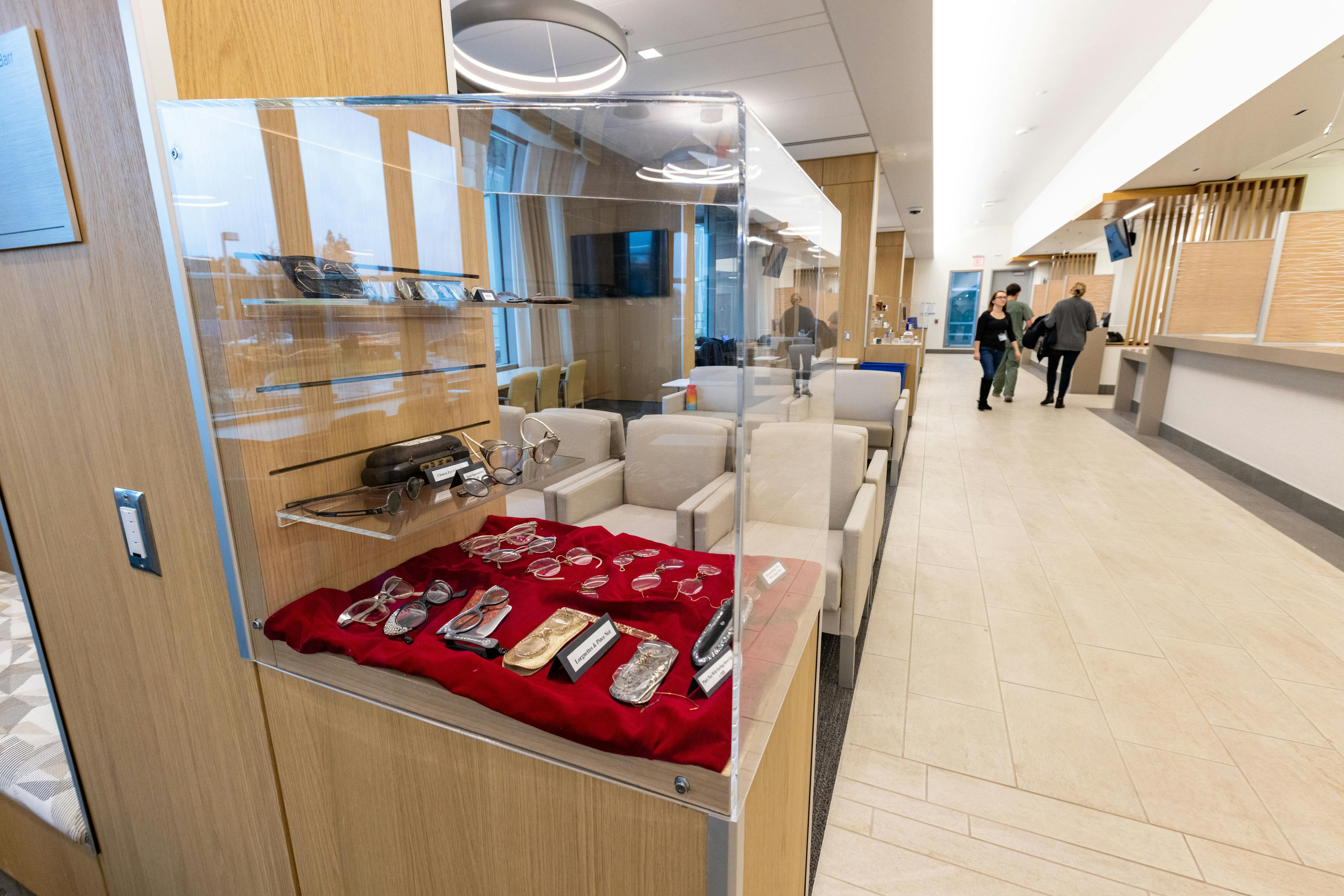 Common areas contain display cases with antique ophthalmology tools and eyewear. (Photos courtesy of UC Davis Health)