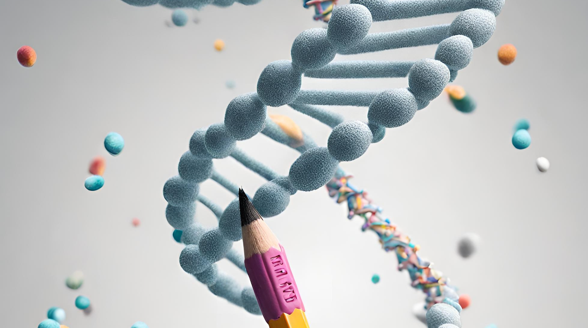 A strand of DNA being modified by a pencil. Image created in Canva AI.
